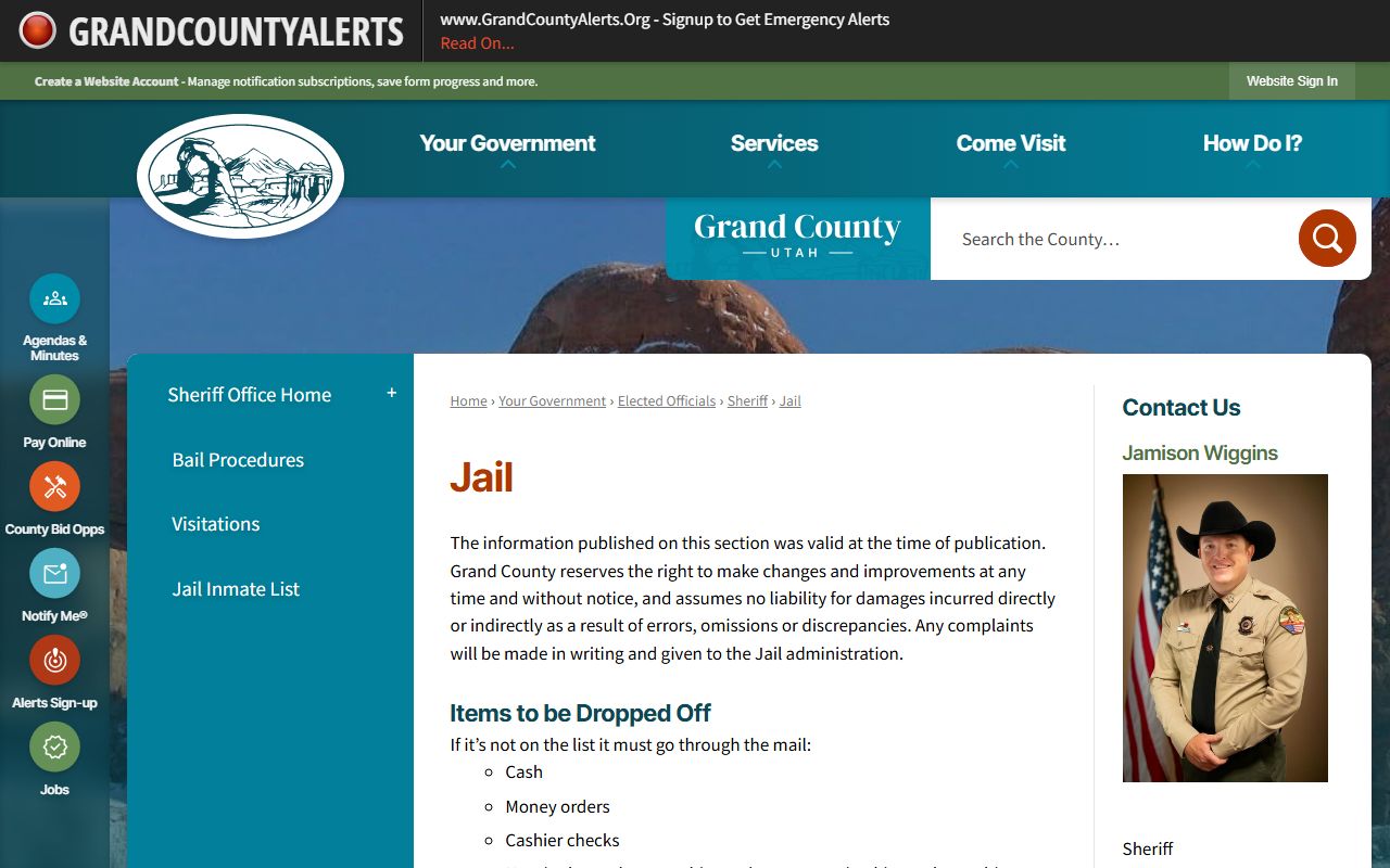 Grand County Jail information page for mail and inmate rules