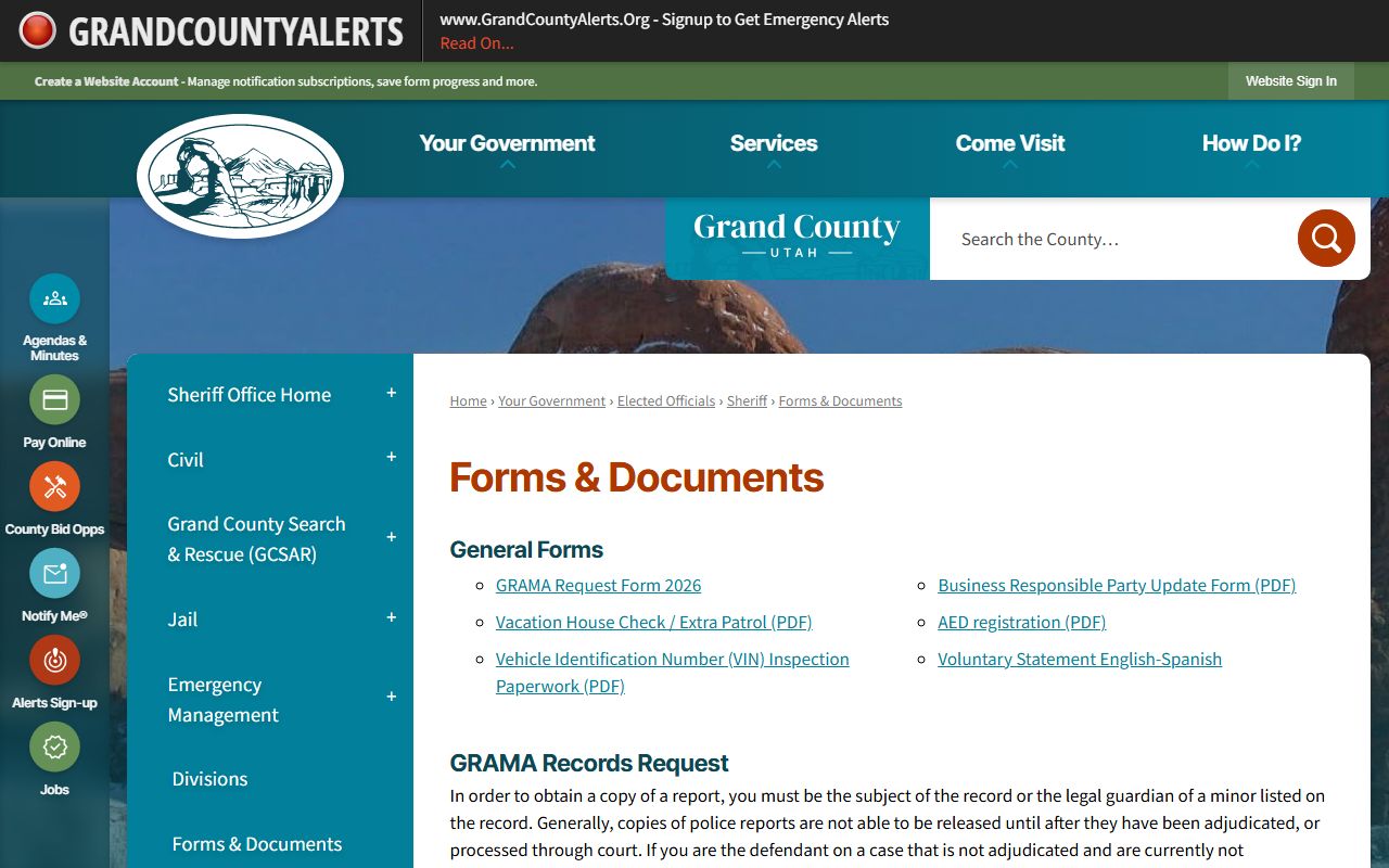 Grand County booking photo GRAMA request forms page
